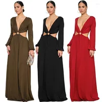 Casual Dresses Women Fashion Solid Long Maxi Dress Autumn Sleeve Hollow Out Deep V Neck Backless Sexy Evening Party Floor Length Vestido
