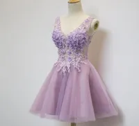 Lawenda krótkie sukienki imprezowe 2021 Homecoming Sukienki Linia V Szyjka 3D Kwiki koronkowe z koralikami i kryształami lekkie PU3479371
