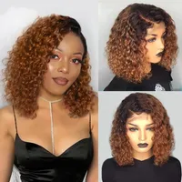 Wigs corto riccio stravagante Wigs Full Full Wigs Ombre Brown Peruvian Human Hair Synthetic Lace Front parrucca per donne nere 150 densit￠4323935