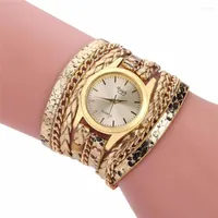 Party Favor Selling Quartz Watches Women Gold Gen￨ve Armband Armbandsur Ladies Dress Woven Leopard Multi Layers Leather Strap Watch