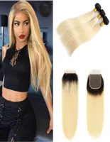 Ombre T1B613 Straight Colored Remy Hair Bundles with Closure Brazilian Honey Blonde Human Hair Weave with 4x4 Lace Closure