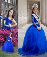 One Shoulder Beads Little Girls Pageant Dresses Royal Blue Long Sleeve Ball Gown Kids Cormal Wear 2019 Lace Wedding Flower Girls D3333563
