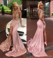 Long Sleeves High Neck Lace Mermaid Prom Dresses 2022 Pink Black Girls Lace Applique Split Backless Sweep Train Evening Gowns3493722