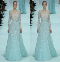 Elie Saab Prom Dresses 2015 Sexig Sheer Illusion Långärmar Täräckade Appliced ​​Floral Sweep Train Tulle Evening Gowns Celebrity8507727