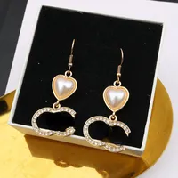 18K Gold Plated Luxury Brand Designers Double Letters Stud Dangle Hoop Geometric Women Dangle Crystal Rhinestone Pearl Earring Wedding Party Jewerlry