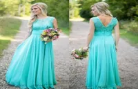 2021 Turquoise Bridesmaids Dresses Sheer Jewel Neck Lace Top Chiffon Long Country Bridesmaid Maid of Honor Wedding Guest Dresses3437383