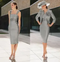 Elegant Grey Mother Of The Bride Dresses With Jackets Uk Modest Knee Length Short 2 Pieces Groom Mom Formal Dresses Without Hat 203776792
