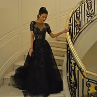 Black Beaded Evening Gowns with Short Sleeves Zuhair Murad 2019 Dubai Arabic Sequins Women Wear Aline Formal Prom Dresses6617406