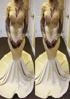 New Unique Gold And White Mermaid Evening Dresses Long 2021 High Neck Long Sleeve Gold Applique Formal Dresses Prom Gowns Fas7549310