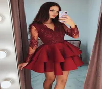 Tiered Ruffles Burgundy Satin Dress Short Prom Dresses 2019 Modest Shime Cleeves Ordical Party Dontions Homeco1397895