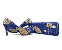 أحذية زفاف اللؤلؤ الأزرق الملكي مع حقيبة مطابقة تصميم رائع الطاووس على طراز راينستون حذاء حفل زفاف مع Clutch9457814
