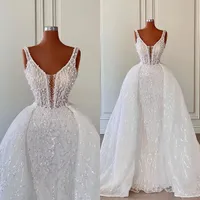 Gillter Pearls Mermaid Wedding Dresses With Puffy Detachable Train 2023 V-neck Lace Beaded Princess Trumpet Bridal Gown