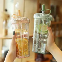 Wasserflaschen 520 ml Glitzerflasche Doppelschicht Becher mit Stroh für Mädchen Bubble Tea Tasse Getränkebrecher Leckdosen 221122