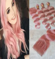 Brasilianische K￶rperwelle jungfr￤uliches menschliches Haar B￼ndel mit Spitzenverschluss Baby rosa Farbe unverarbeitete Remy Hair Gewebeverl￤ngerungen Rose Gold T2771126