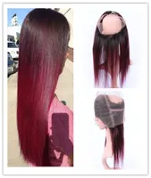 Wine Red Ombre 360 ​​Band Lace Frontal Closure مسبقًا حريريًا مستقيمًا 1B99J Burgundy Red Brazilian Hair Full Frontals 360 Band 5379524