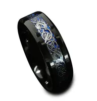 Ringue de fiançailles en carbure de tungstène noir 8 mm argent argent celtique dragon bleu en fibre de mariage en fibre de carbone pour hommes bijoux de mode US Taille 619974268