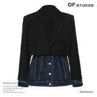Women's Suits Women Black Denim Spliced Long Blazer Lapel Sleeve Loose Fit Jacket Fashion Y1230