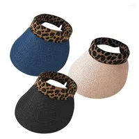 Wide Brim Hats Korean Version Leopard Print Splicing Shade Empty Top Cap Sun Protection Outdoor Beach Hat Straw