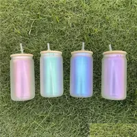 Mugs 16Oz Iridescent Glass Tumblers With Bamboo Lid Short Sublimation Laser Colors Frosted Glasses Cola Beer Can Beverage Drinking B Dhmpa
