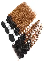 1b 27 ombre Bionda miele con chiusura Deep Wave Human Hair Weave 3 4 bundle con chiusura in pizzo Brasilian Vergine Hair6445266