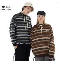 Sonbahar/Kış için Erkek Sweaters 2022 Vintage Çizgili Kazak Dantel Retro Çiftinin Gevşek Kapşonlu Kadınları