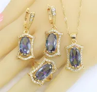Geometric Rainbow Zircon Gold Color Jewelry Sets for Women Party Wedding Hoop Earrings Necklace Pendant Rings Gift Box 2208181263897