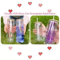 US Warehouse 16oz 25oz Double Wall Sublimation Glass Can Snow Globe glass Tumbler Beer Frosted Drinking Glasses With Bamboo Lid Reusable Straw custom gift ss1123