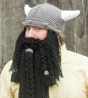 Men039s Handmade Knit Long Beard Viking Horn Hat Funny Crazy Ski Cap Barbarian Cool Beanie Cap Mask Halloween Holiday Party Gif6986805