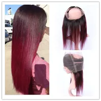 Wine Red Ombre 360 ​​Band Lace Frontal Closure مسبقًا حريريًا مستقيمًا 1B99J Burgundy Red Brazilian Hair Full Frontals 360 Band 2718238
