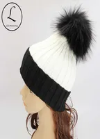 Beanies GZHILOVINGL 2017 New Winter Fashion Girls Womens Mens Hat Black White Hat Knitted Acrylic Beanies Hats With Big Real Fur P4041944
