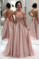 Älskling fantastisk a-line applikationer pärlor prom klänningar lång illusion rygglös golvlängd kväll klänning rosa formell klänning