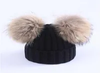 Beanies Mother Kids Warm Winter Caps Real Fur Pom Beanie Wool Knitted Hat For Baby Boys Girls Pompom Raccoon Balls Cap Bonnet1214A6258257