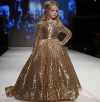 Gold Seuiqns Balo Gown Little Girls Pageant Elbiseleri Uzun Kollu Prenses Resmi Parti Gowns Özel Made8533171