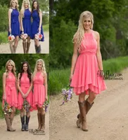 2021 Cheap Country Short Bridesmaid Dresses Coral Sky Blue Modest Wedding Guest Gowns Knee Length Bridesmaids Dress Maid of Honor 8749207