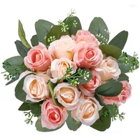 Decorative Flowers 17Pcs Artificial Rose 12 Silk And 5 Eucalyptus Leaves Stems In Bulk For Wedding Party
