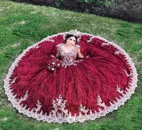 Vestido de bola de luxo Borgonha Glitz Glitz Tulle Quinceanera Prom Vestidos 2022 Apliques de renda de ouro