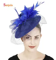 Royal Blue Linen Hats with Face Veil Elegant Women Party Headwear Feathers Fascinatior Bridal Wedding Hair Accessories H392