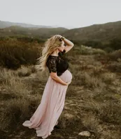 Romantic Pink Two Piece Prom Dresses Black Top Lace Short Sleeve Sheer Neck Cheap Country Bridesmaid Maternity Dress Boho Beach 203509471