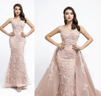 2020 Long Mermaid Prom Gown with Detachable Train ALine Tulle Evening Dress Applique Lace Plus Size Maxi Dresses Vestidos De Novi