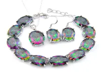3pcs Lot Ring Earring Bracelets Jewelry SetsFashion Glary 925 Sterling Silver Oval Gemstone Jewelry Rainbow Mystic Topaz Jewelry3094478