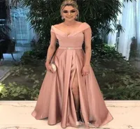 Modest Dusty Pink Prom Dresses Long Deep V Neck Satin Split Evening Dress Short Sleeve 2018 Plus Size Party Gowns8812441