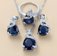 925 Mark Water Drop Jewelry Set WeddingEngagement Accessories For Women Blue Zirconia Stud Earrings And Necklace Ring Sets 2208186924842