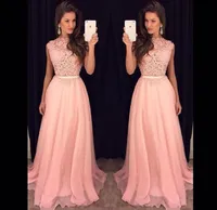 2020 New Cheap Pink A Line Prom Dresses Illusion Lace Aptliques Chiffon Sashes Floor Length Custom Dress Party Pageant for2032348