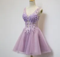 Lavendel korte feestjurken 2021 Homecoming jurken A Line V Nek 3D Flowers Lace Appliques met kralen en strass Light Pu6802352