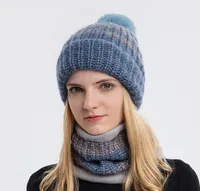 Beanies Winter Warm Knitted Hats Women039s Scarf Hat Set Thick Big Plush Ball Skullies Caps Outdoor Ski Cap Neck Guard9775431