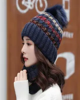 Beanies Women Warm Winter Hat Add Fur Lined Soft Beanie Neck Warmer Scarf Thick Striped Color Knitted Fashion Girls Pompoms6507360