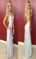 2022 Sexy Silver Bling Sequined Open Back Prom Dresses Long Party Prom Gowns Halter Plunging V Neck Pageant Red Carpet7474966