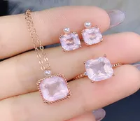 Engagement Wedding Jewelry Sets Cushion Natural Rose Quartz Jewelry Set Ring Stud Earrings Pendant in 925 Silver For Women Gift4075920