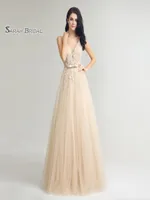 s Tulle ALine Prom Dresses Sexy Vneck With Ribbon Appliques Beads Evening Occasion Gowns LX242