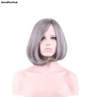 Woodfestival Silver Gray Ombre Wig Short Bob Haintetic Hair Bogs Fiber Cosplay Cosplay Women Ray High Quality3073495